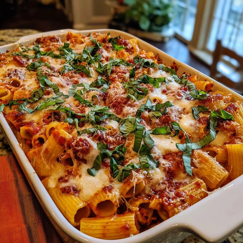 Cheesy baked rigatoni with a close-up view of the saucy pasta and melted cheese in a white baking dish.