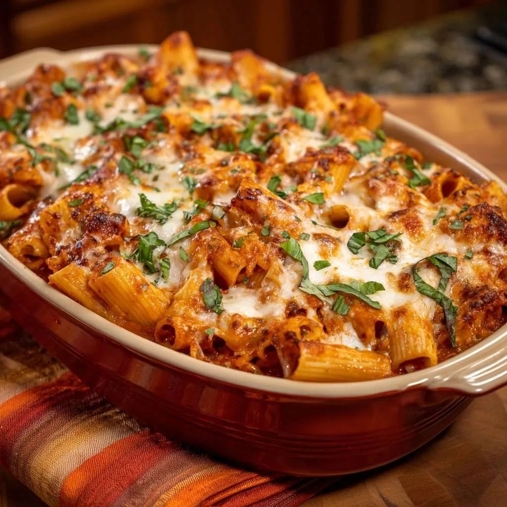 Cheesy baked rigatoni with a golden-brown topping and fresh parsley garnish in a baking dish.