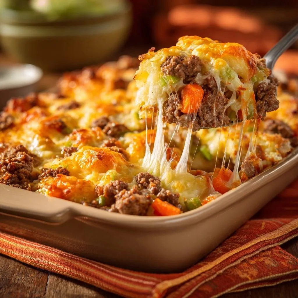 Cheesy beef potato casserole being served, showing a generous portion with long, gooey cheese pulls.