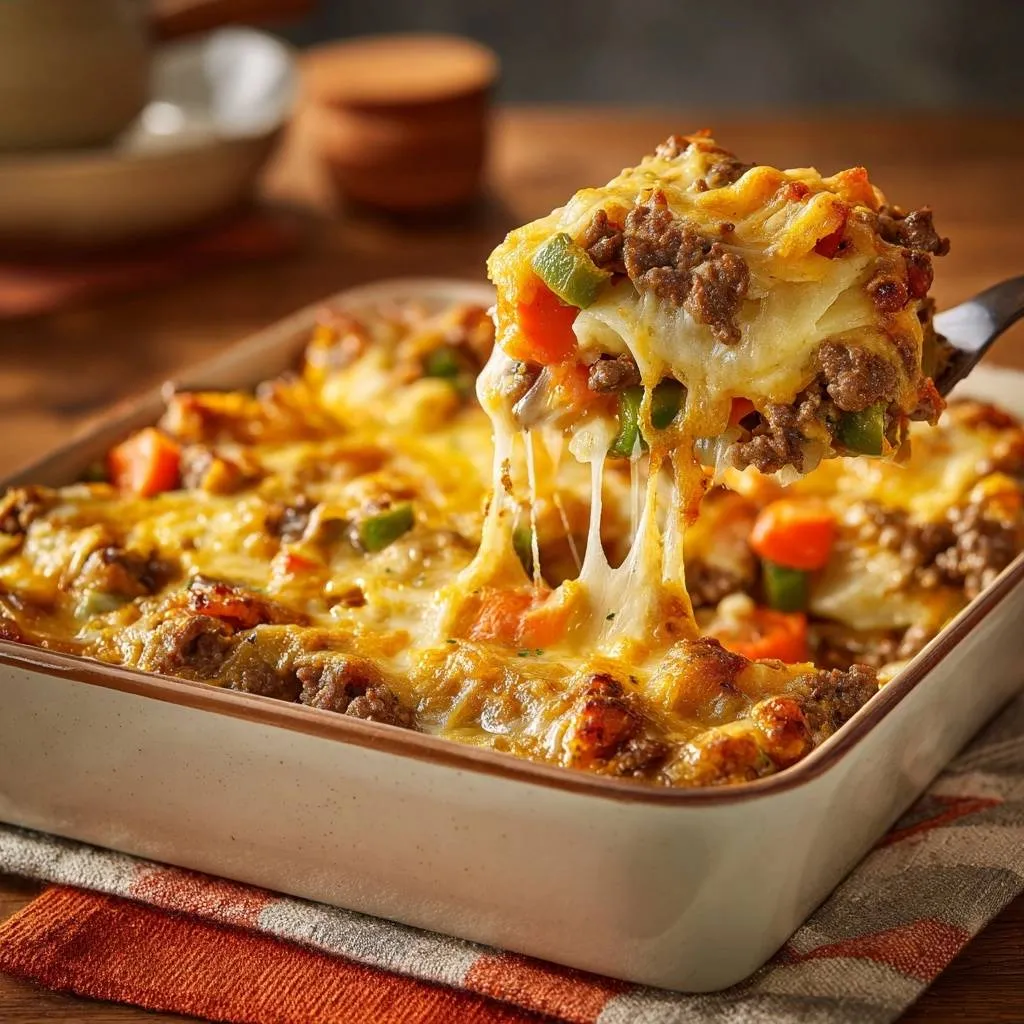 Cheesy beef potato casserole with a delicious gooey cheese pull being lifted from the baking dish.