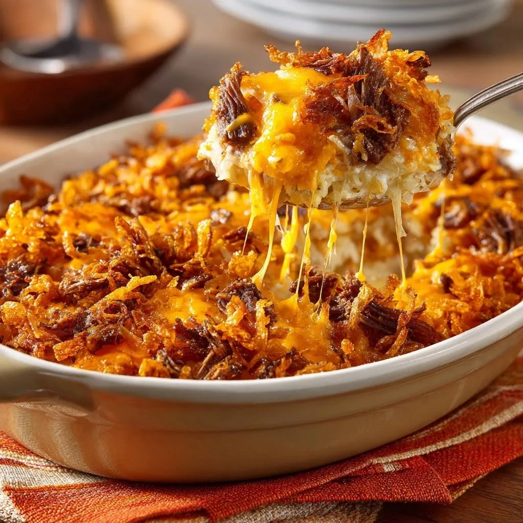 Cheesy beef rice casserole with a generous cheese pull being lifted from the dish on a spoon.