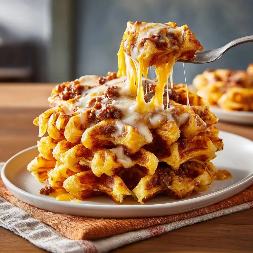 Cheesy beef waffles with a fork pulling up gooey melted cheese, showcasing a decadent cheesy texture.