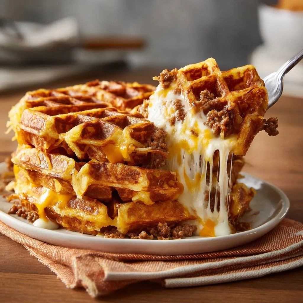 Cheesy beef waffles with a fork pulling up a cheesy, beefy bite, showcasing stringy cheese.