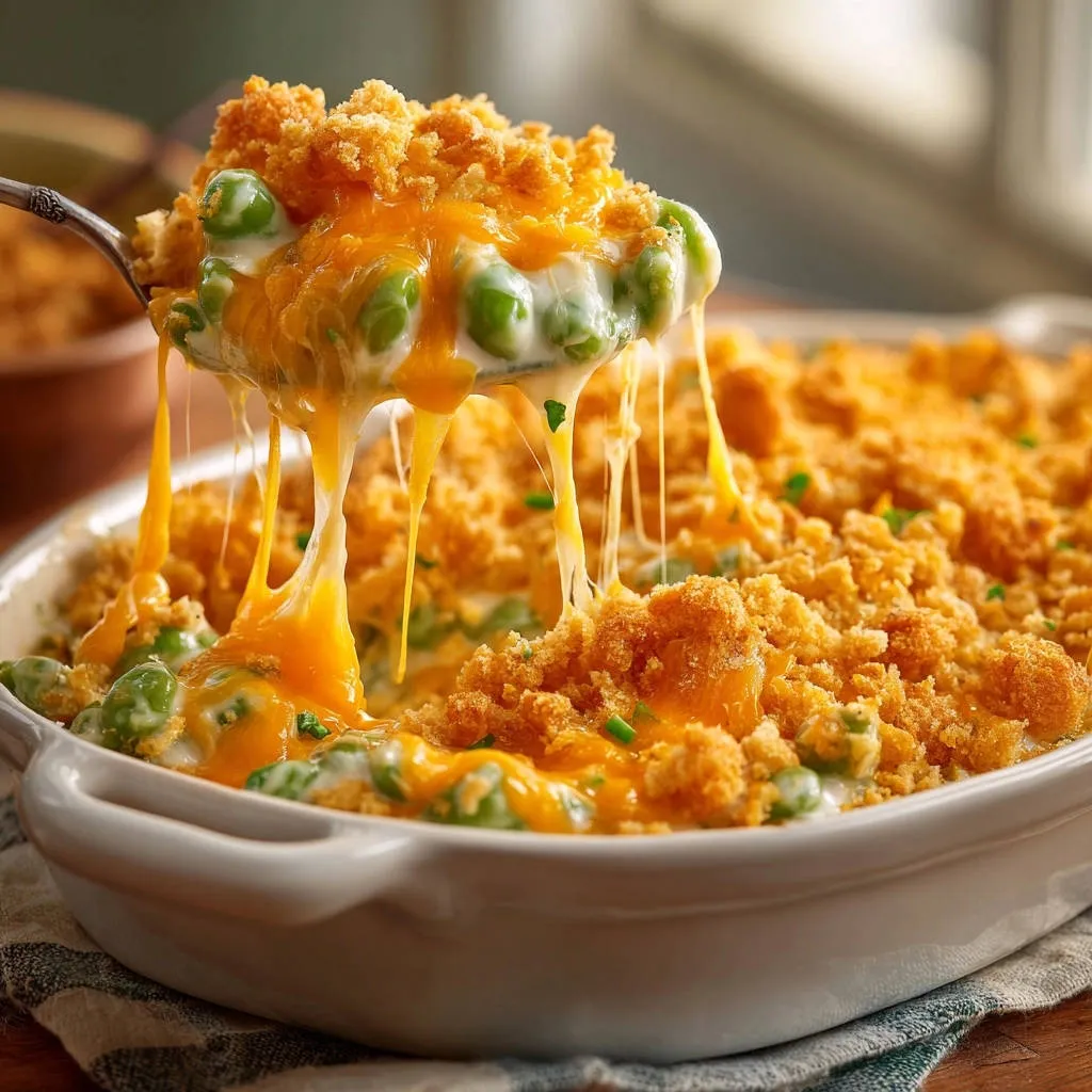 Cheesy broccoli bake with a spoon lifting out a serving showing the gooey melted cheese pull.