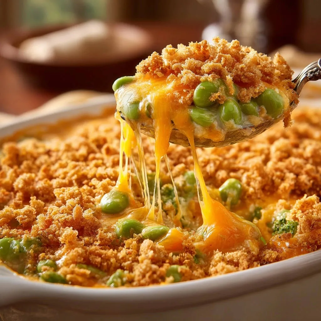 Cheesy broccoli bake with a spoon lifting a serving, showing gooey cheese strings and a golden breadcrumb topping.