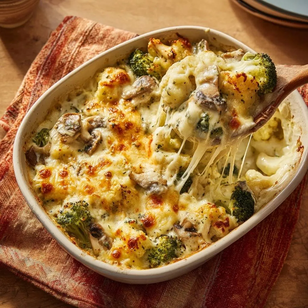 Cheesy broccoli cauliflower mushroom bake being served with melted cheese strings stretching from a wooden spoon.