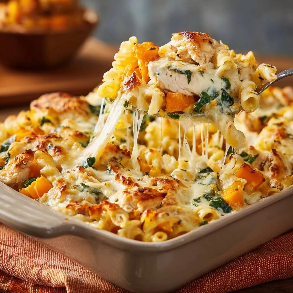 Cheesy butternut squash chicken pasta bake with a large cheesy pull on a serving utensil.