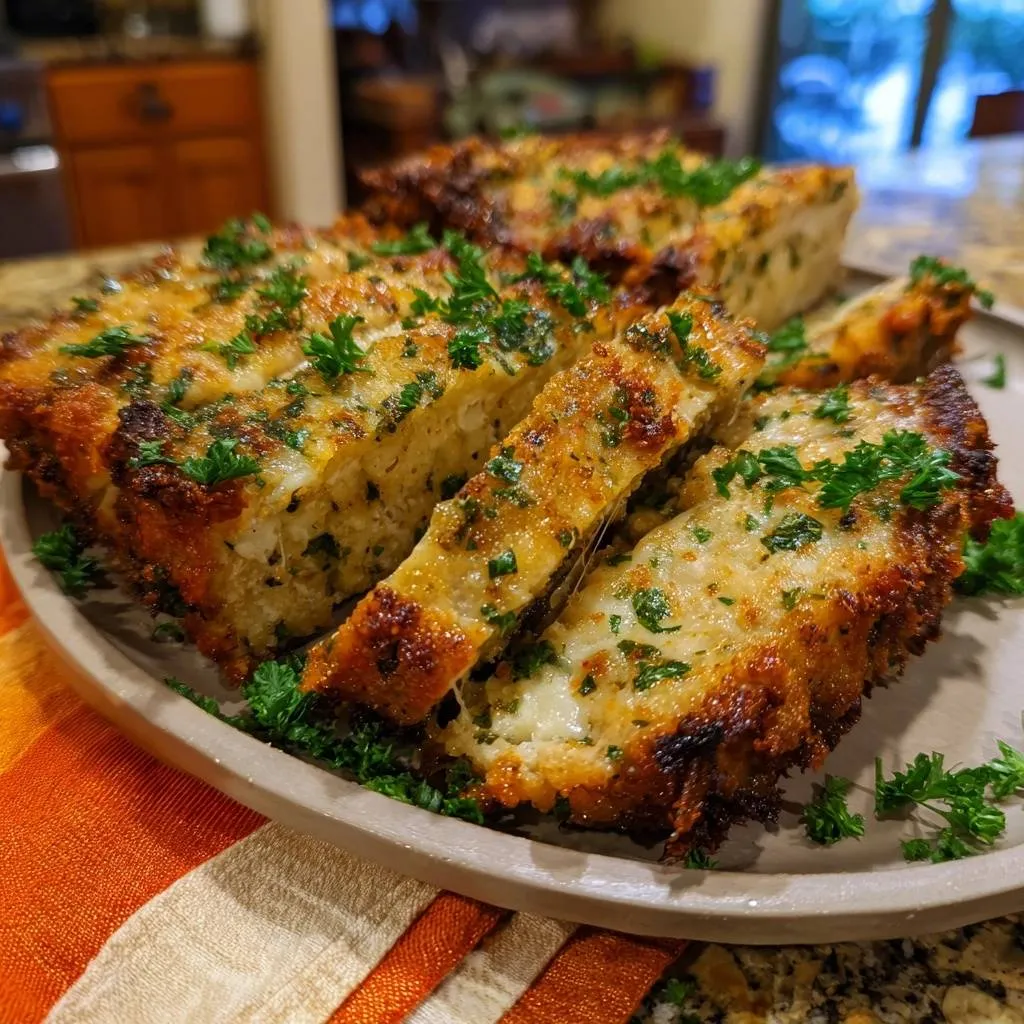 Cheesy cauliflower loaf, sliced and shown in a close-up view with a tender core and crispy edges.