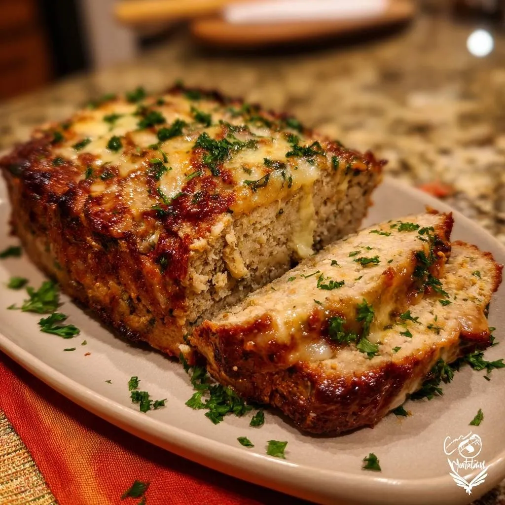 Cheesy cauliflower loaf sliced to reveal a tender interior and topped with fresh parsley.