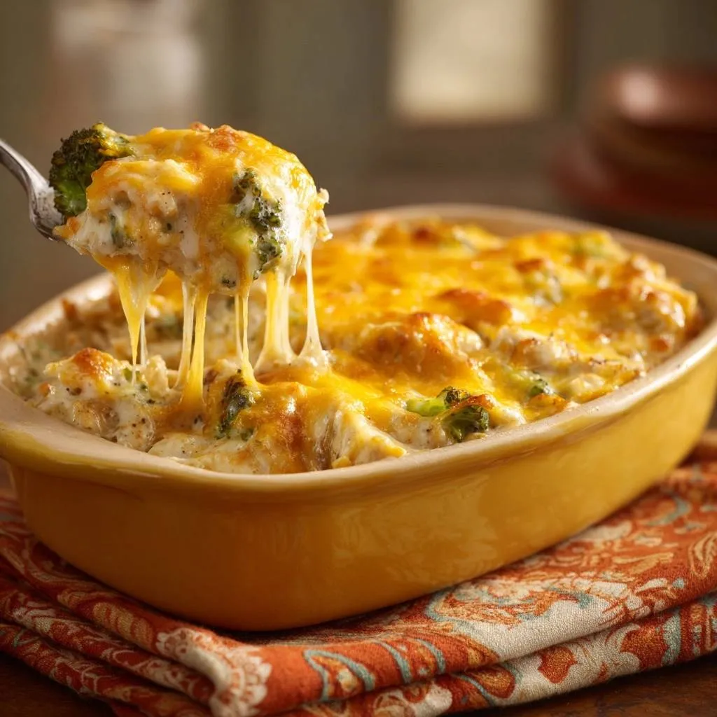 Cheesy chicken broccoli rice casserole being served with a fork, showing a generous cheese pull and melty topping.