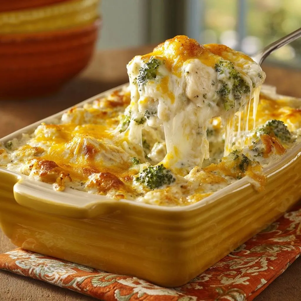 Cheesy Chicken Broccoli Rice Casserole with a generous cheesy pull being lifted out of the baking dish.