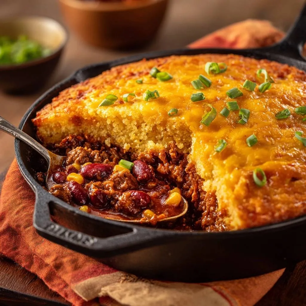 Cheesy chili cornbread skillet cross-section showing a spoonful of chili and cornbread in a cast iron pan.