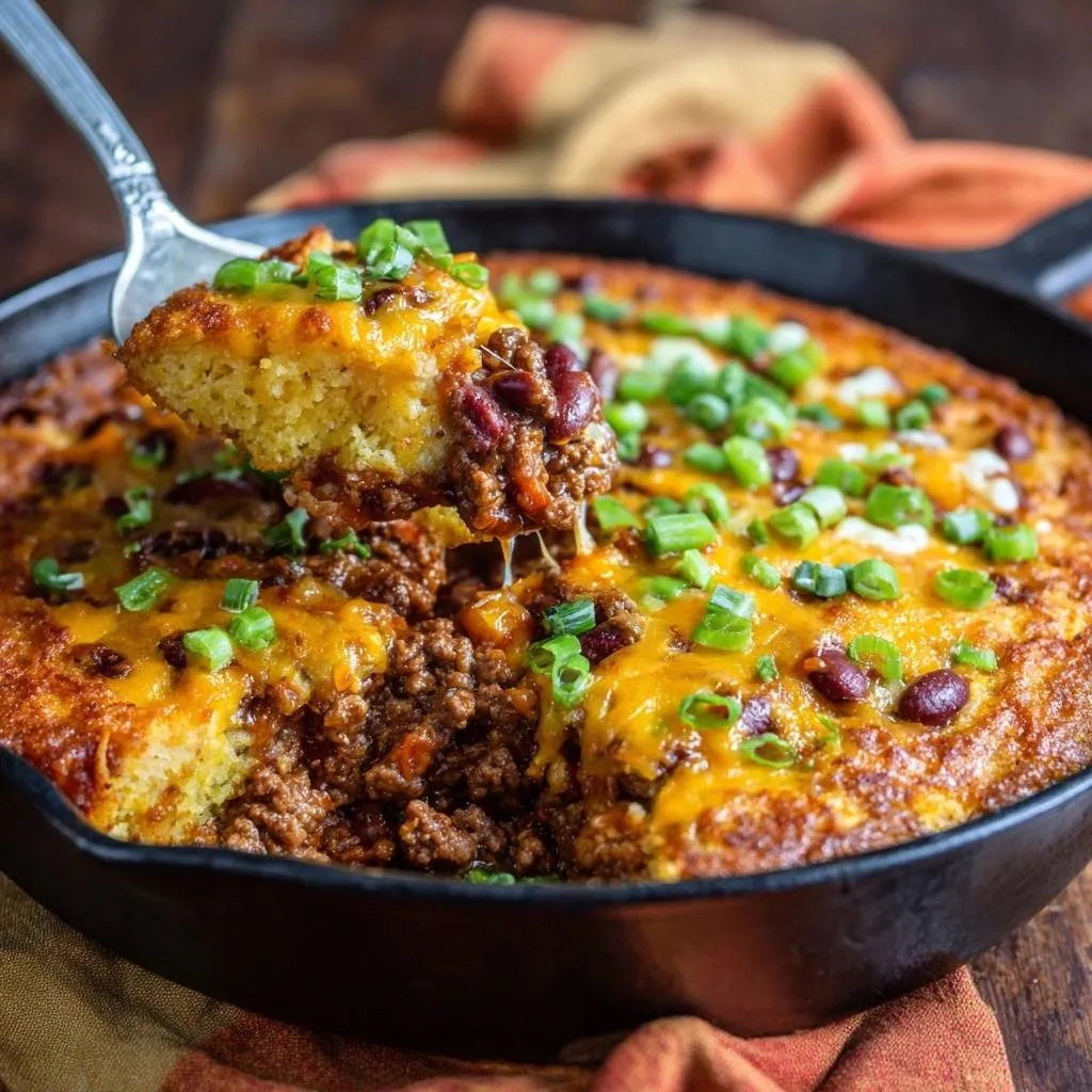 Cheesy chili cornbread skillet with a slice being lifted, revealing the cheesy, meaty interior topping.