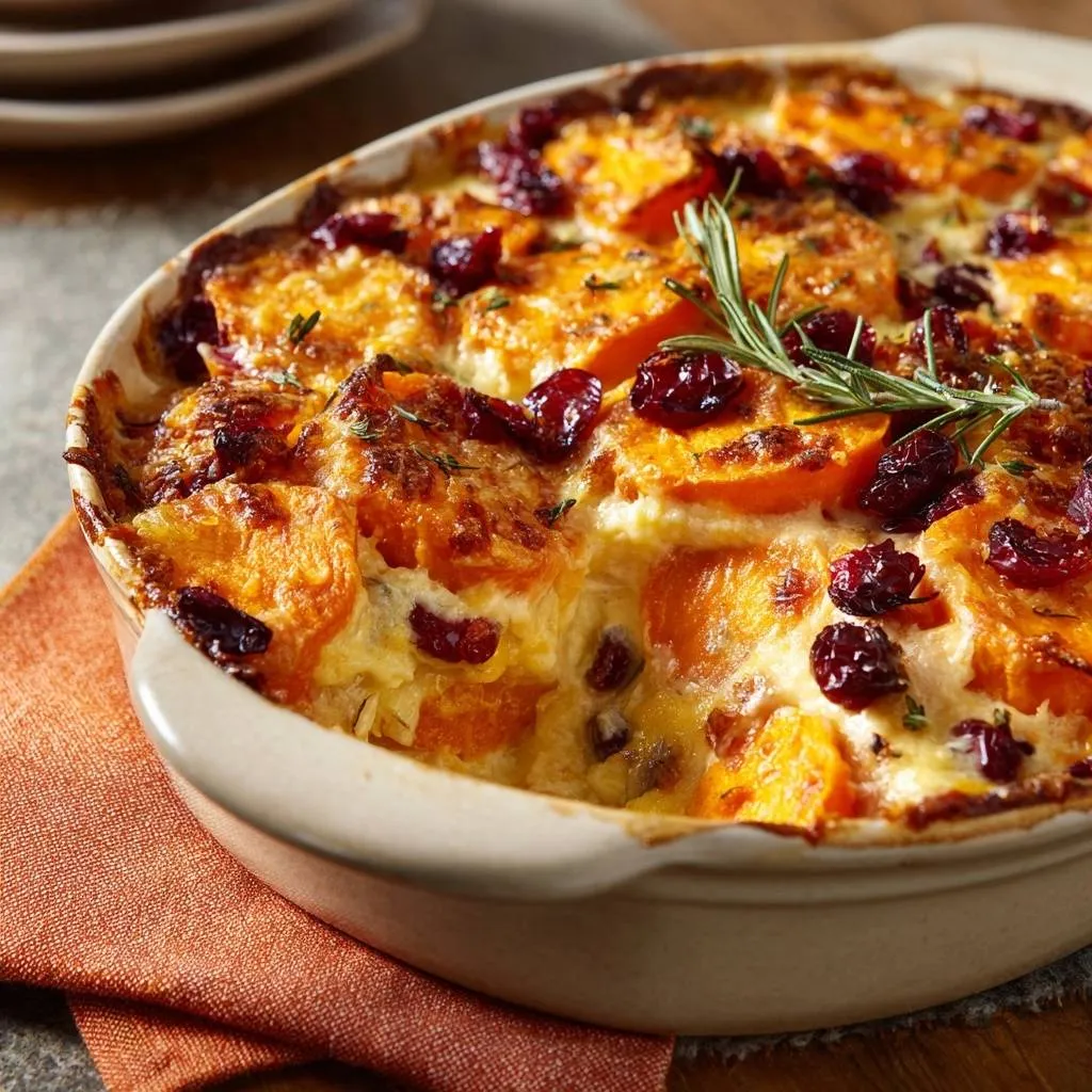 Cheesy cranberry sweet potato gratin shown in a baking dish with a close-up view of the bubbly, golden-brown topping.