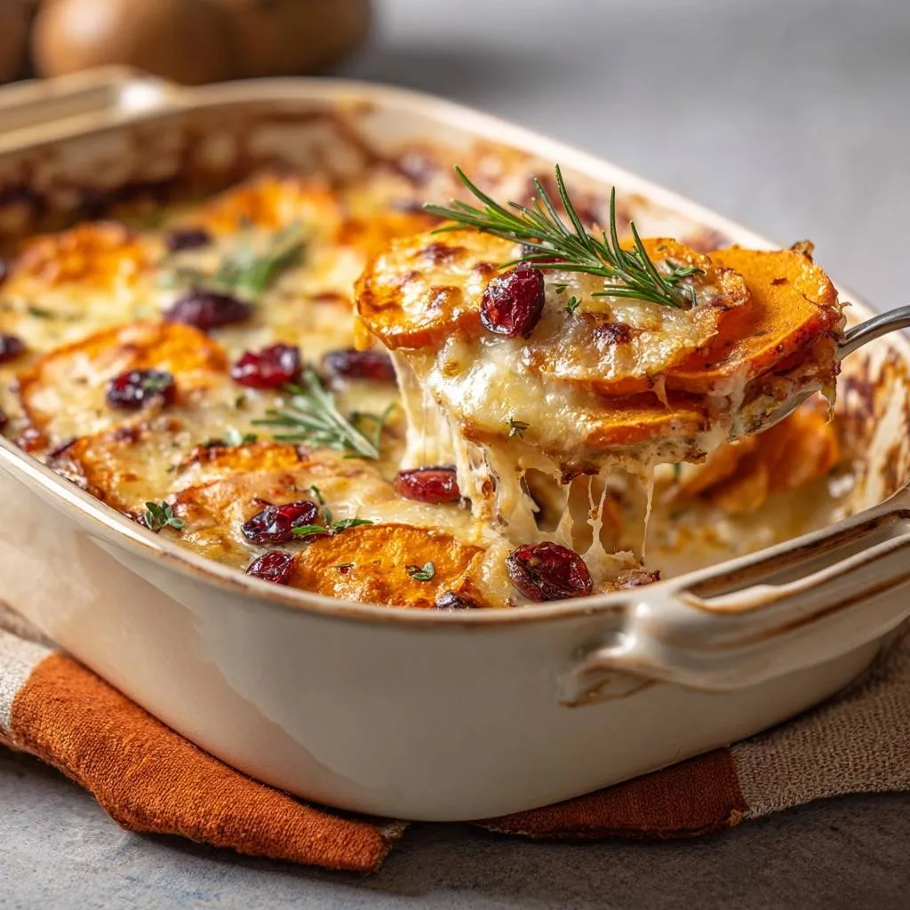Cheesy cranberry sweet potato gratin, with a spoonful being lifted to show melted cheese and fresh rosemary.