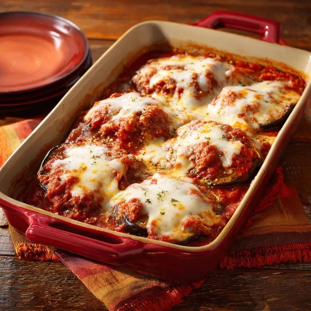 Cheesy eggplant meatball bake, freshly baked and bubbling in a red ceramic dish with melted mozzarella.