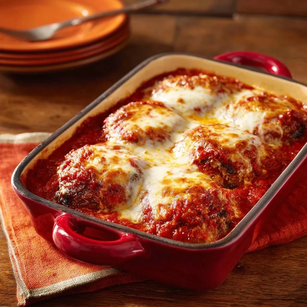 Cheesy eggplant meatball bake shown in a red baking dish, bubbling with melted mozzarella and marinara sauce.