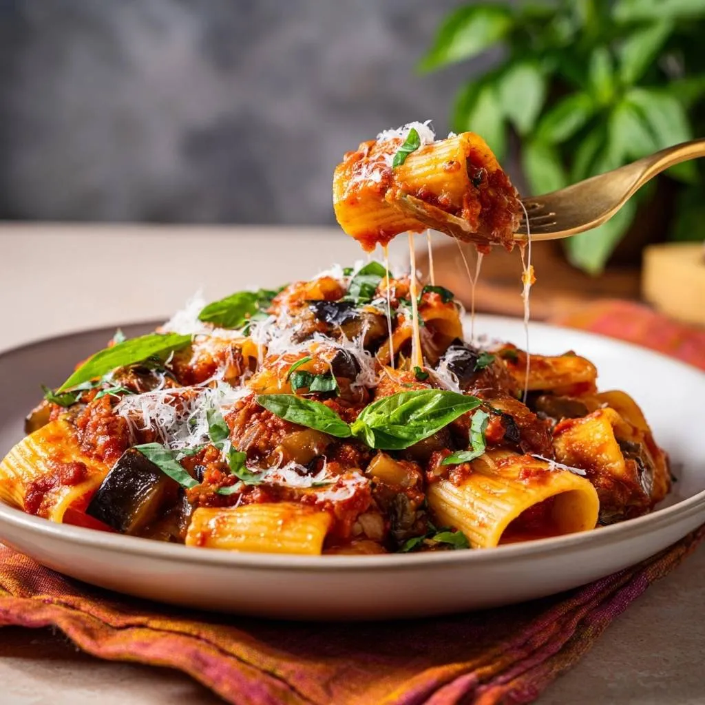 Cheesy eggplant rigatoni with a fork lifting a portion showing melted cheese strands.