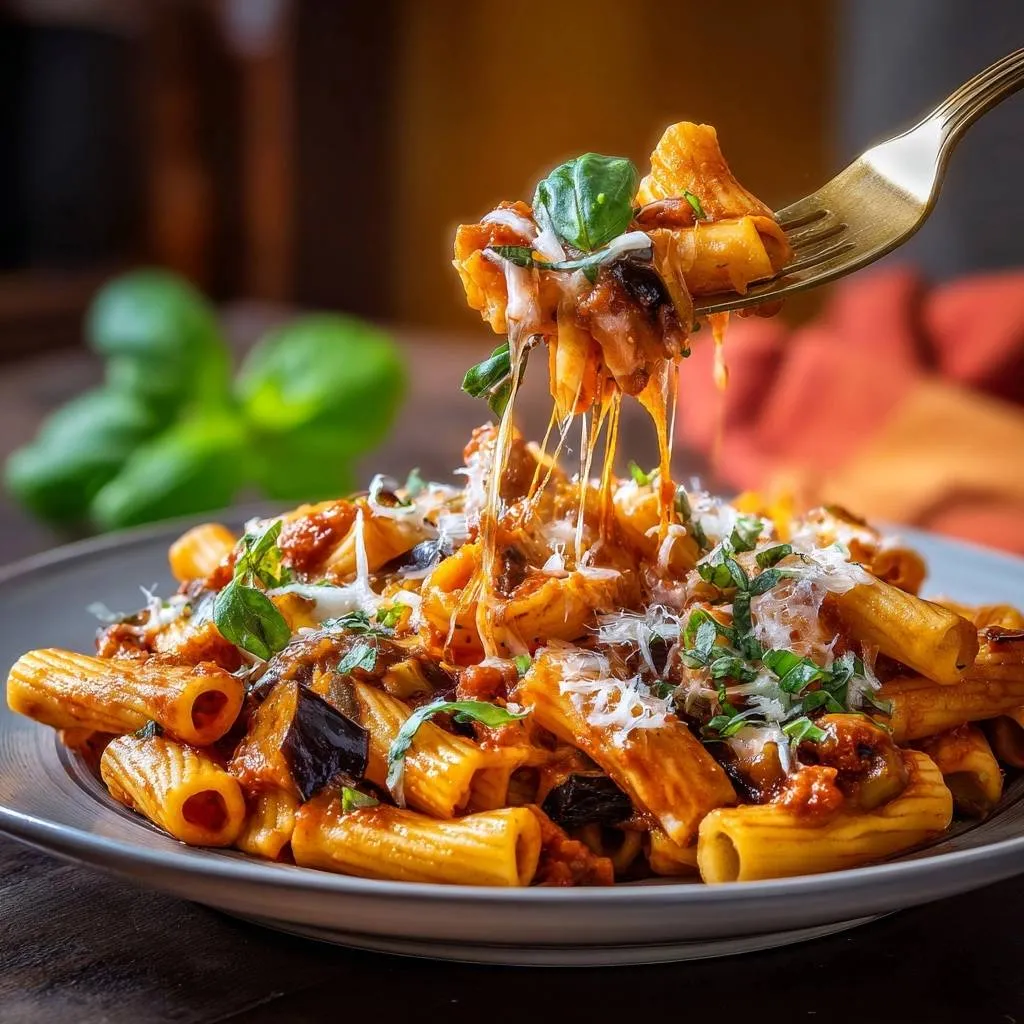 Cheesy eggplant rigatoni with a forkful of pasta showing a dramatic cheese pull, garnished with basil.