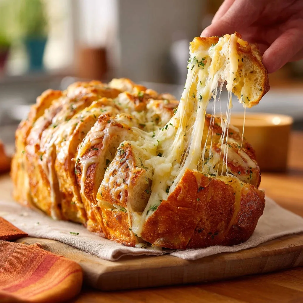 Ultimate Cheesy Garlic Pull-Apart Bread with gooey cheese strings being pulled from a slice.