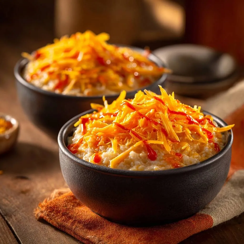 Cheesy hot sauce grits with a generous shredded cheddar cheese topping, drizzled with red hot sauce.