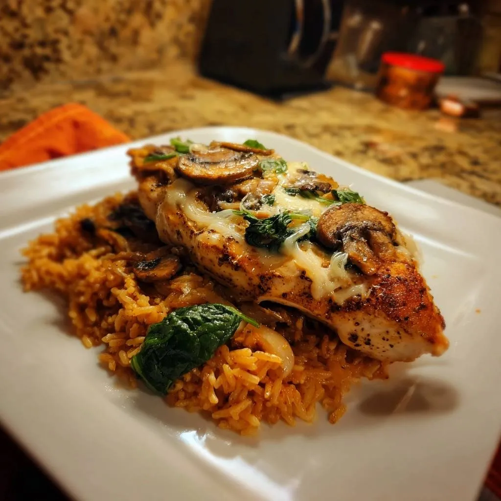 Cheesy mushroom spinach chicken over Spanish rice presented as a single serving on a white plate, showing a close-up view.