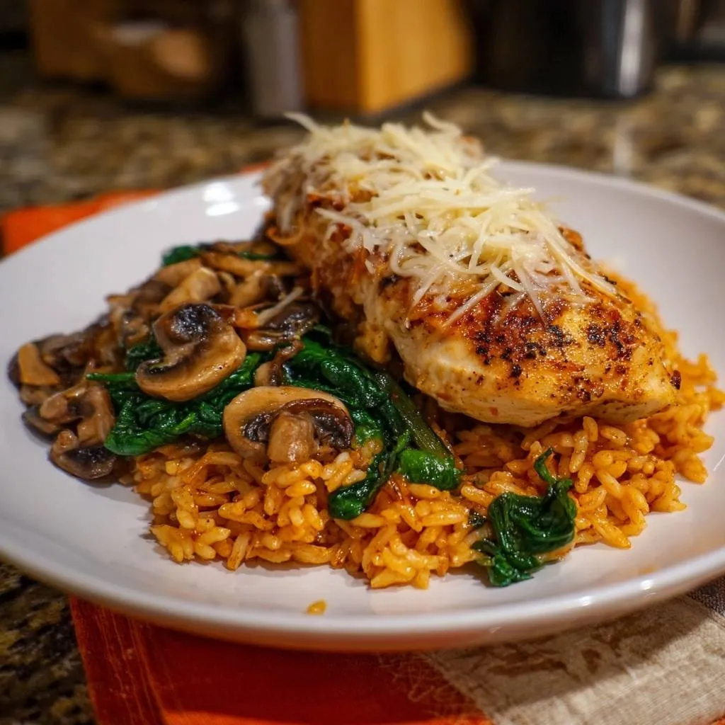 Cheesy mushroom spinach chicken over Spanish rice served on a white plate with a side view detail.
