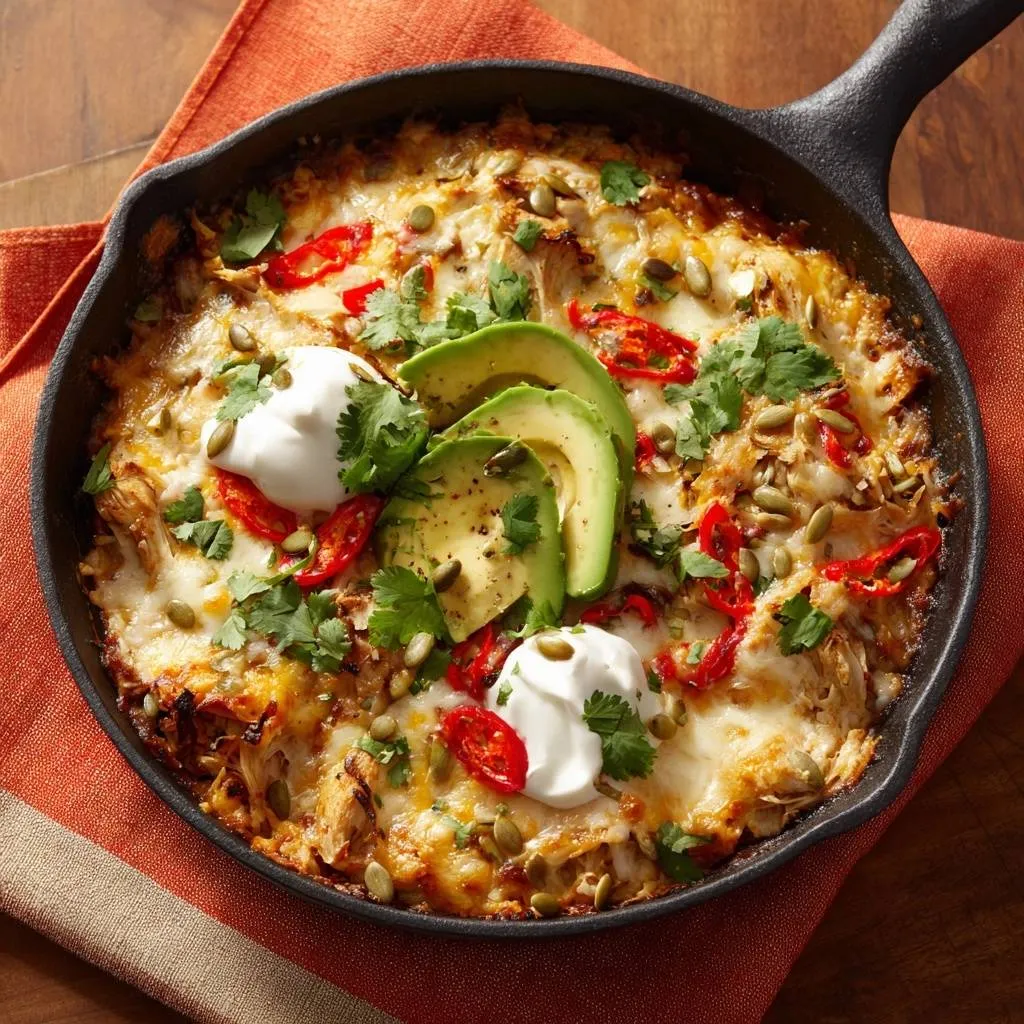 Cheesy pepita chicken skillet garnished with avocado, sour cream, and cilantro in a cast iron pan.