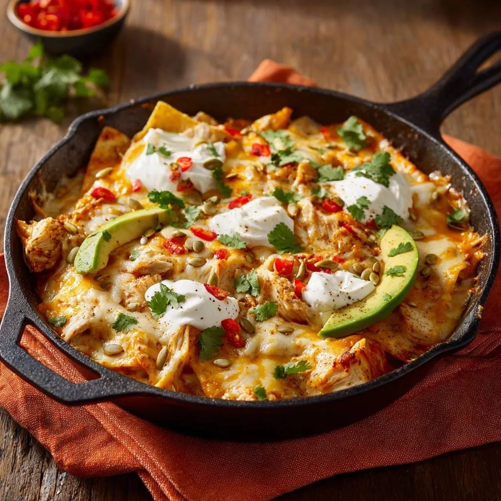 Cheesy pepita chicken skillet served in a cast-iron pan, topped with sour cream, avocado, and cilantro.