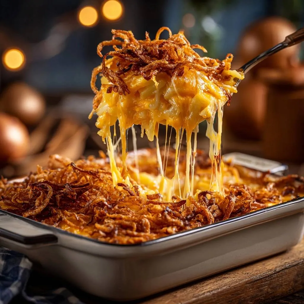 Cheesy potato casserole with crispy fried onions, with a serving being pulled up showing long strings of melted cheese.