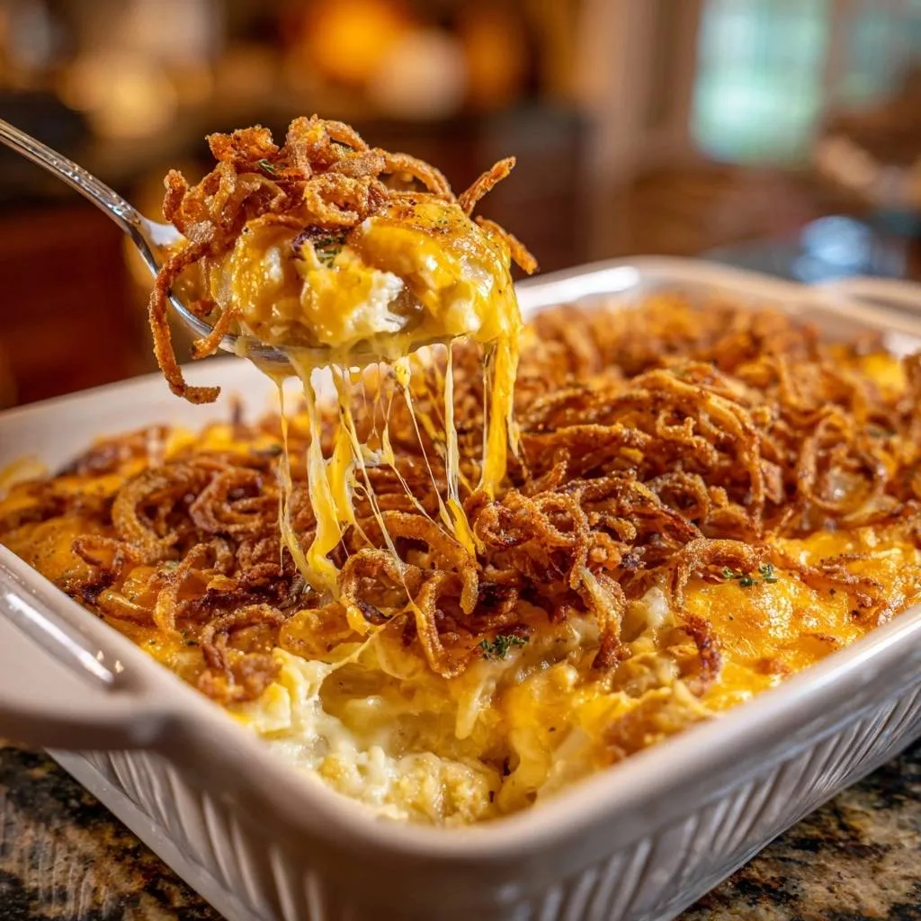 Cheesy potato casserole with crispy fried onions, with a fork pulling a cheesy serving from the dish.