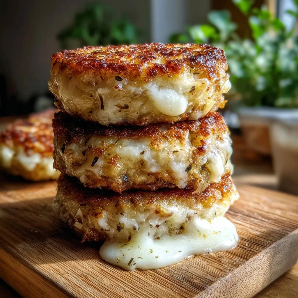 Golden cheesy potato fritters stacked high, showcasing a gooey melted cheese center dripping down.