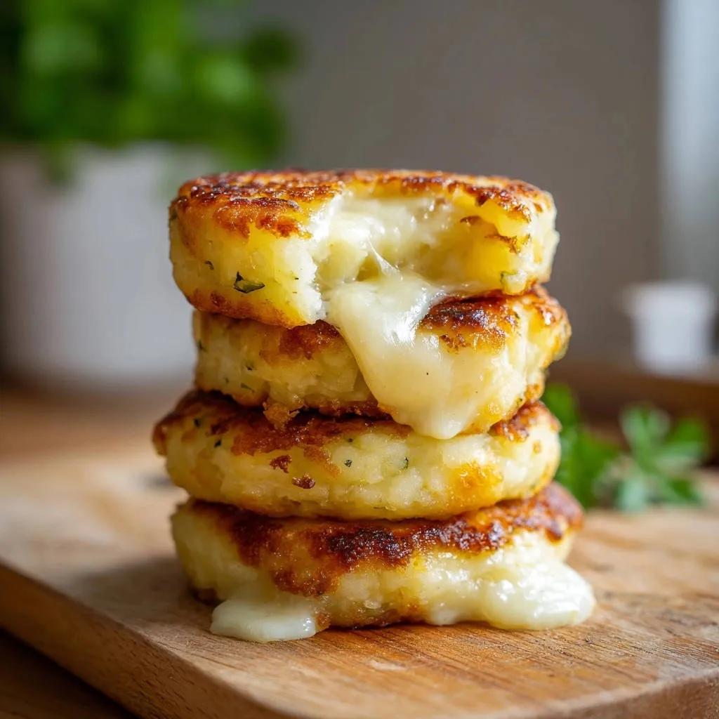 Golden cheesy potato fritters with gooey melted cheese oozing from a bite in the stack.