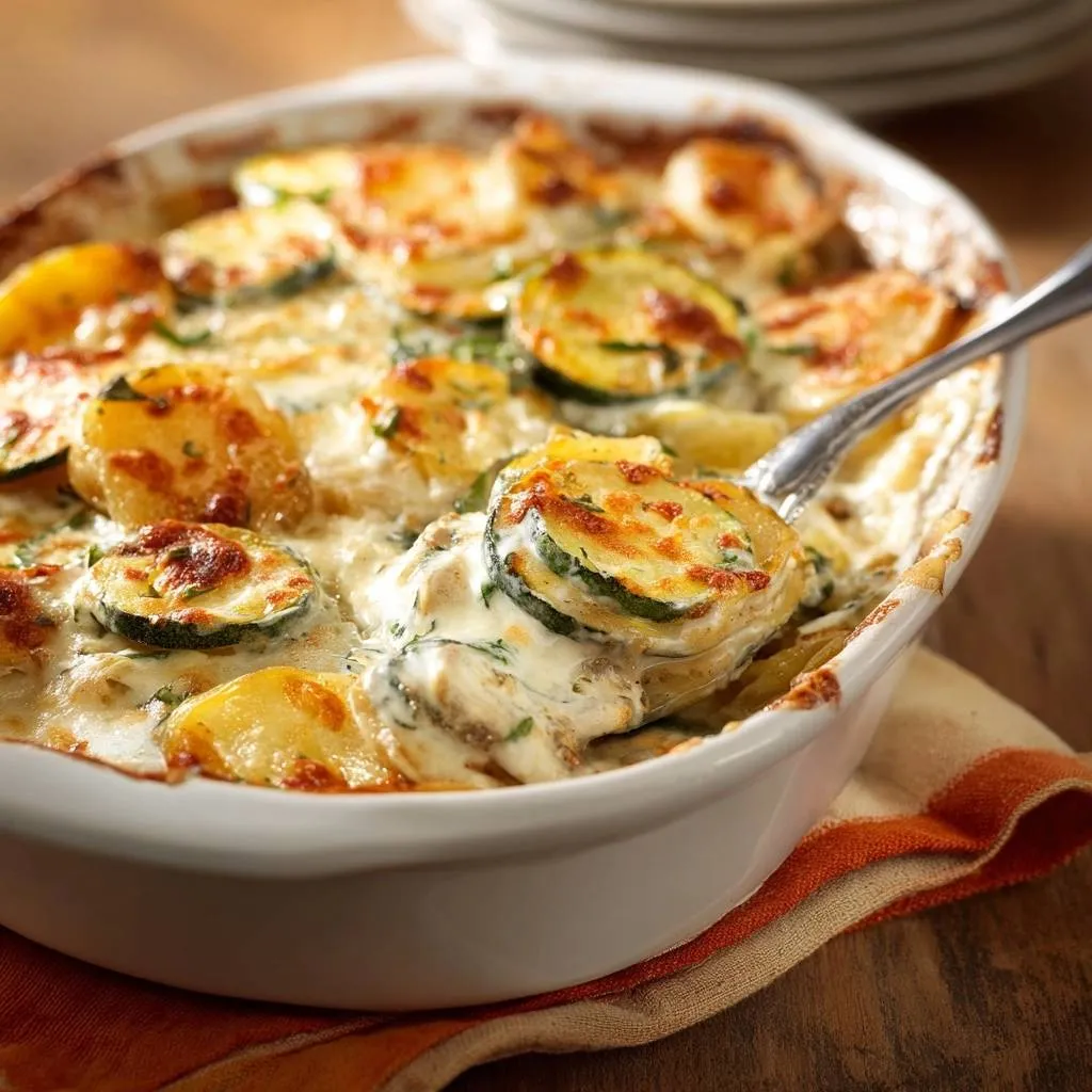 Cheesy potato zucchini gratin with a serving spoon lifting a portion showing layers of tender vegetables and creamy sauce.