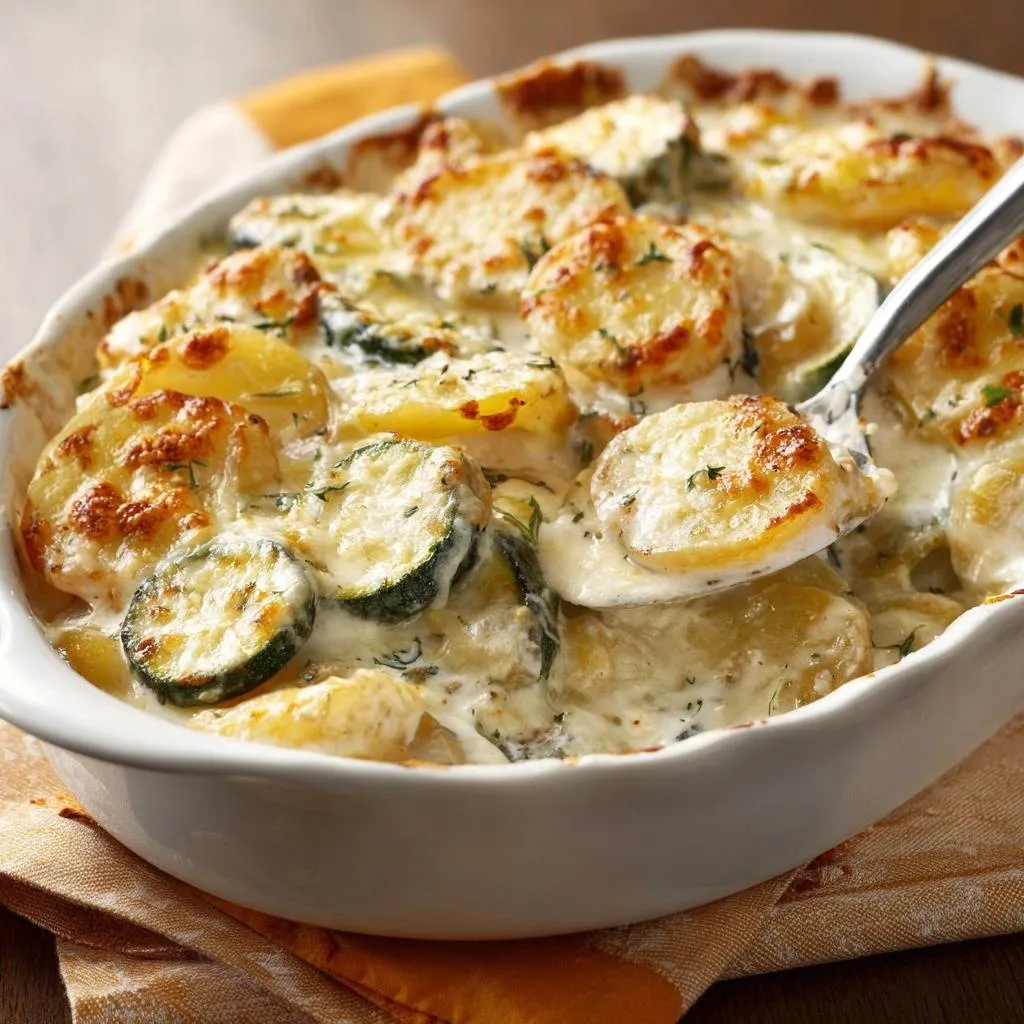 Cheesy potato zucchini gratin with a spoonful being scooped out, showing creamy layers and golden-brown topping.