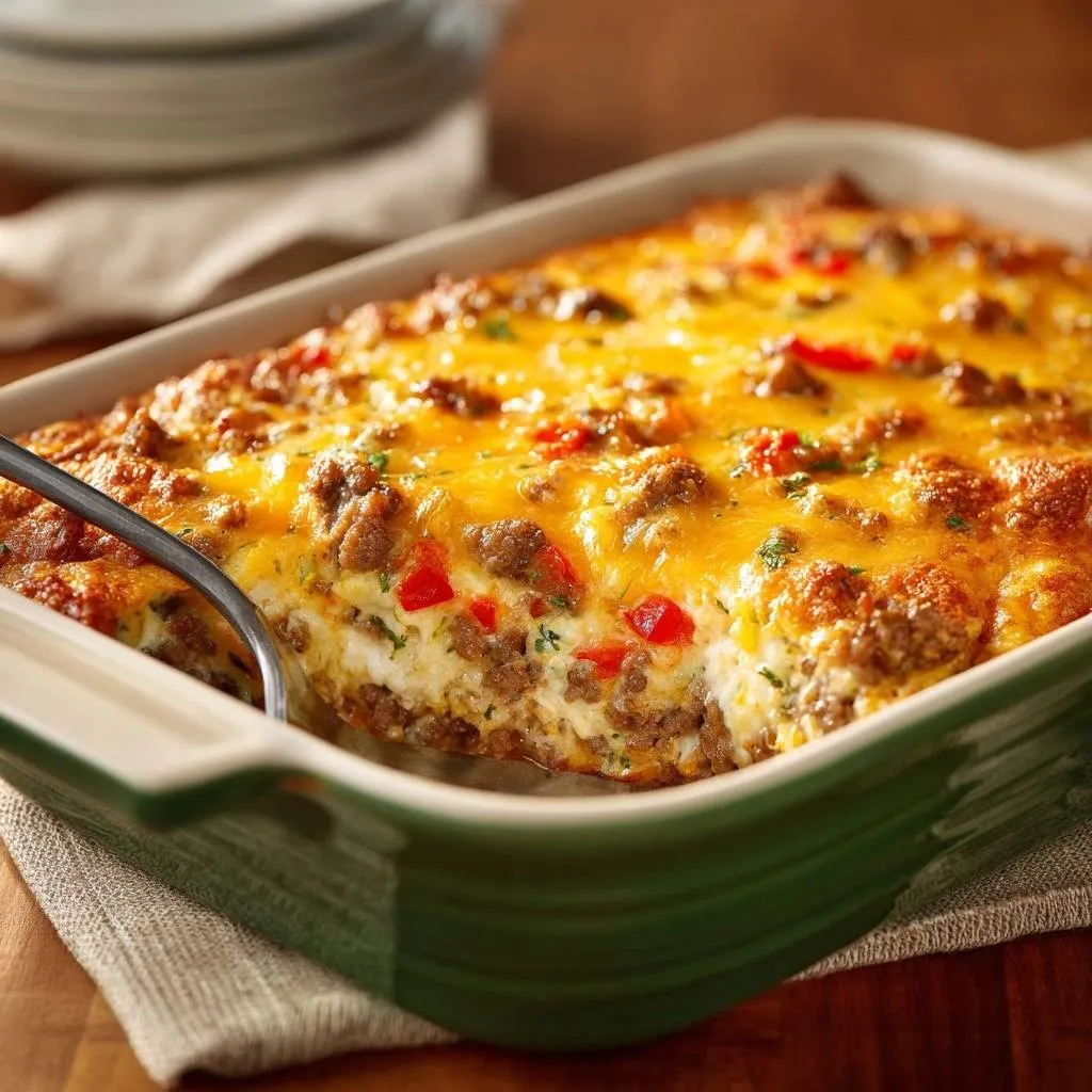 Cheesy sausage pepper rice casserole shown in a cross-section with a serving spoon, highlighting the layers of ingredients.
