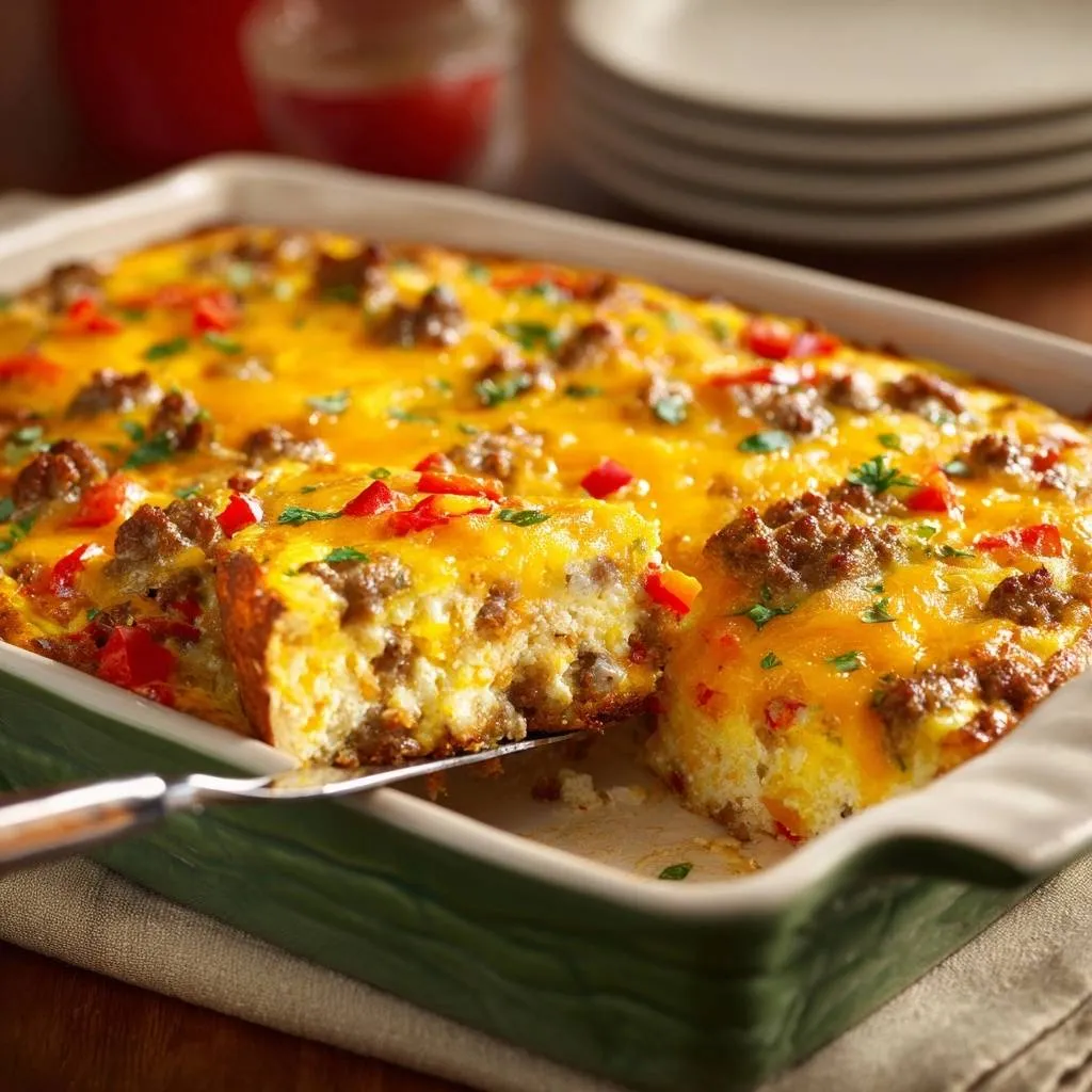 Cheesy sausage pepper rice casserole with a slice being served, showing the interior texture and melted cheese topping.