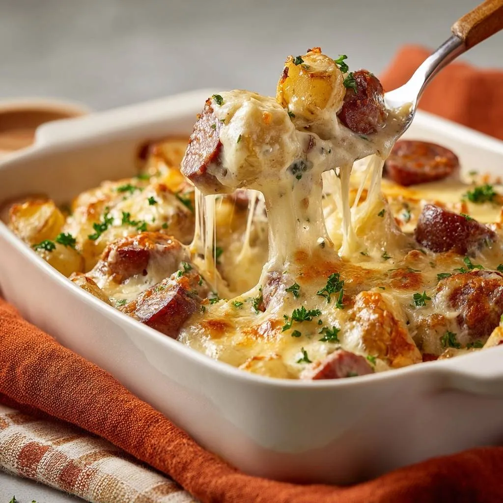 Cheesy sausage potato bake with a fork lifting a portion showing a long, gooey cheese pull.