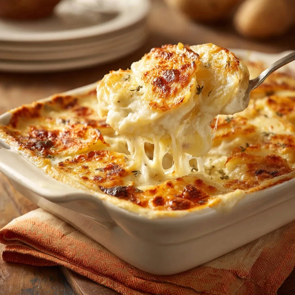 Ultimate Cheesy Scalloped Potatoes with a mouthwatering cheesy pull being lifted from the baking dish.