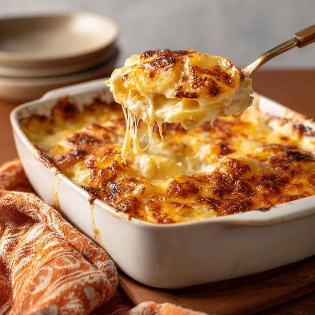 Ultimate cheesy scalloped potatoes being served, with a cheesy pull showing the creamy layers.