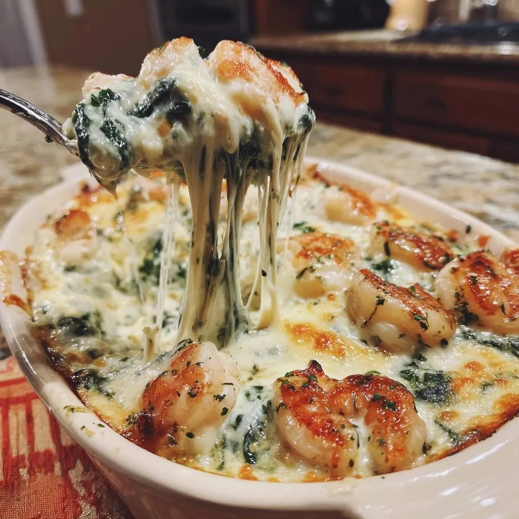 Cheesy shrimp spinach bake with a prominent cheese pull as a serving spoon lifts a portion from the casserole.