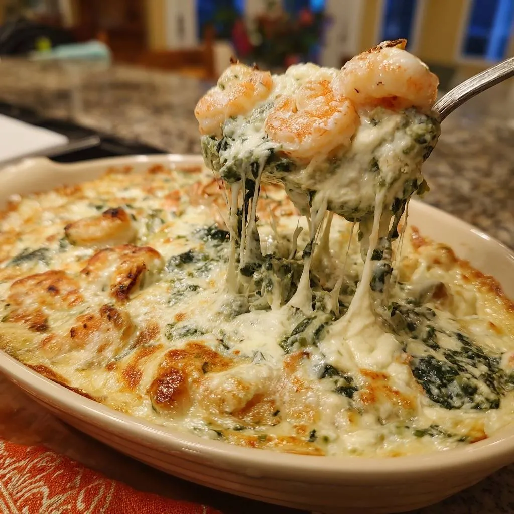 Cheesy shrimp spinach bake with a generous cheese pull, showcasing the creamy, non-watery casserole from a close-up angle.