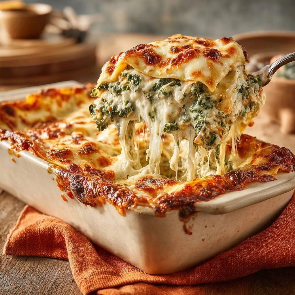 Cheesy spinach lasagna with a gooey cheese pull as a serving is lifted from the baking dish.