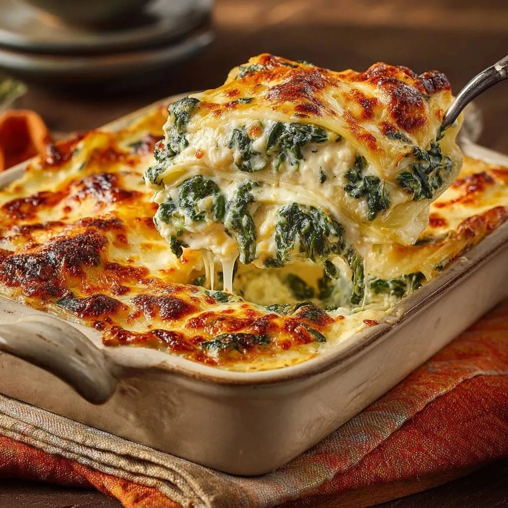 Cheesy spinach lasagna with no watery layers, a serving being lifted showing gooey cheese and layers of spinach.