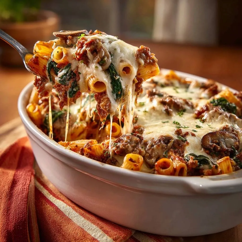 Cheesy spinach mushroom beef rigatoni bake with a fork lifting a portion, showing a long, gooey cheese pull.