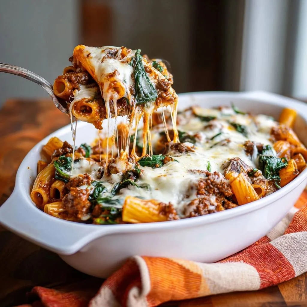 Cheesy spinach mushroom beef rigatoni bake being lifted from the dish on a fork, showing melted cheese strings.