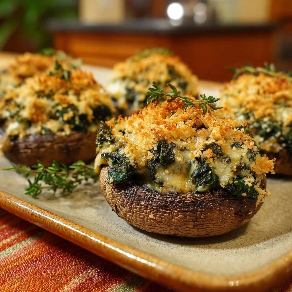 Cheesy spinach stuffed mushrooms are shown close-up, featuring a golden breadcrumb topping and fresh thyme garnish.