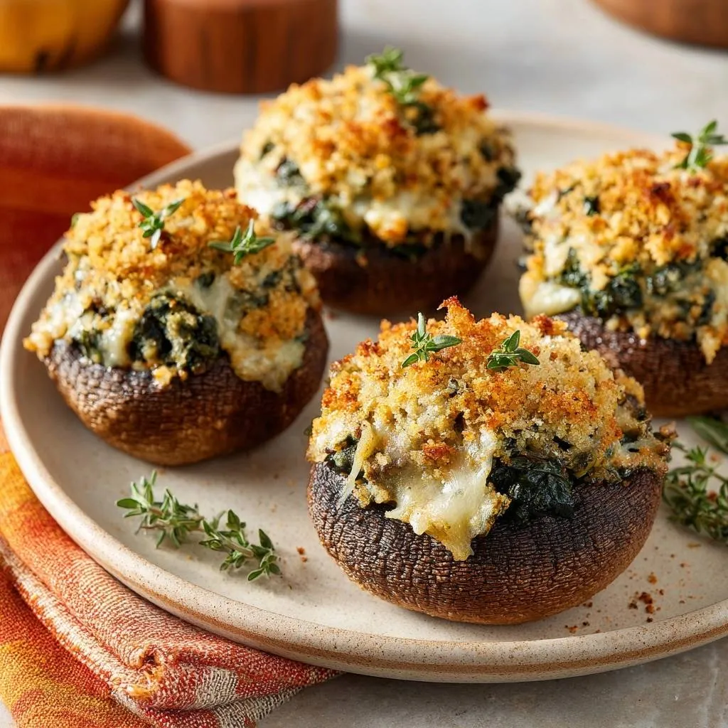 Cheesy spinach stuffed mushrooms plated together on a light tan dish with fresh thyme sprigs as garnish.
