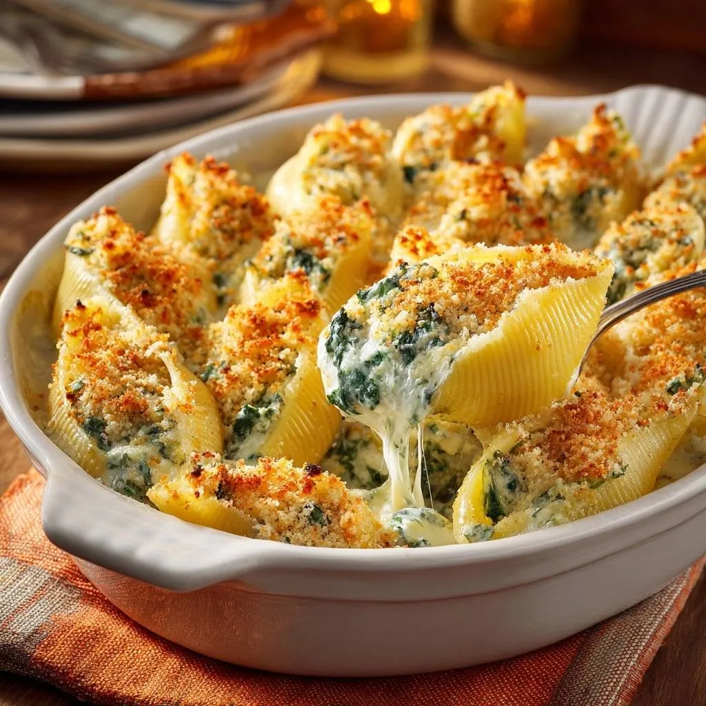 Cheesy spinach stuffed shells with a fork lifting one to show the gooey cheese filling and breadcrumb topping.