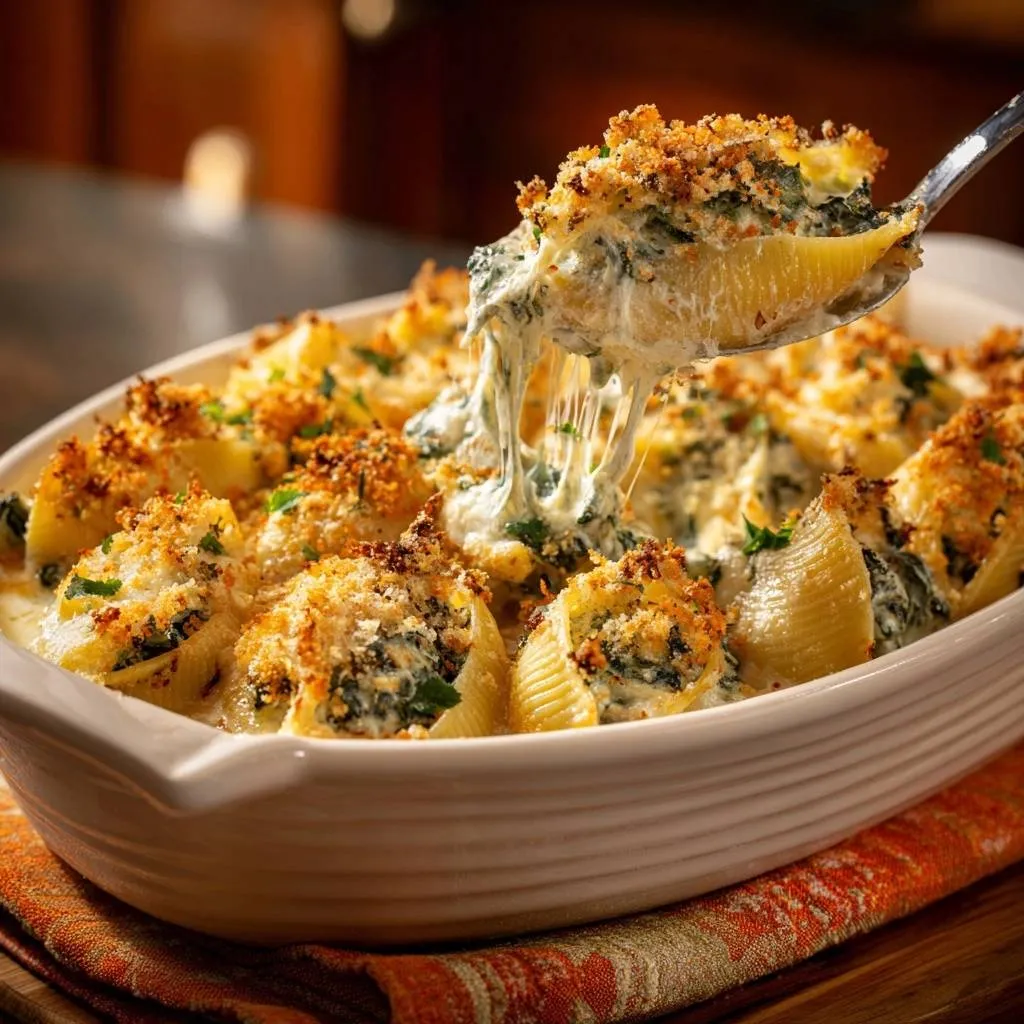 Cheesy spinach stuffed shells with a gooey cheese pull being lifted from the baking dish.